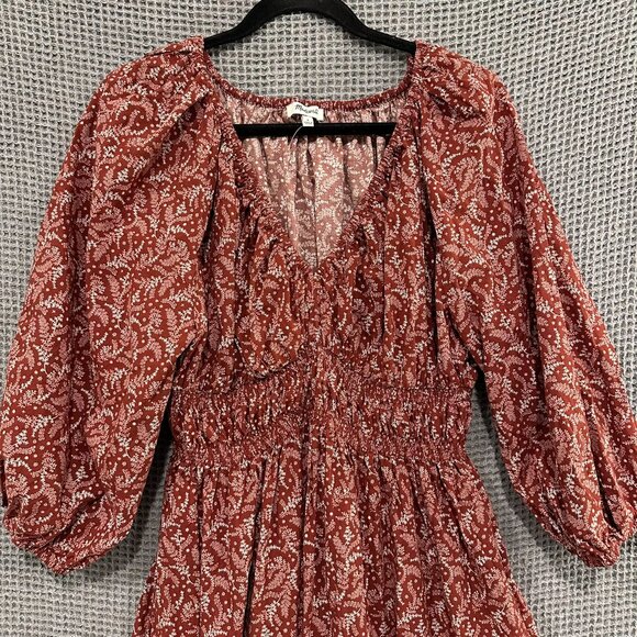 Madewell Dress Womens 6 Burgundy Paisley V-Neck Smocked Waist Long Sleeve Mini - Picture 3 of 11